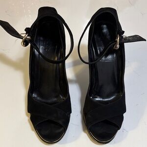 Gucci Black Suede Peep-Toe Ankle Strap Heels with Gold Buckle
